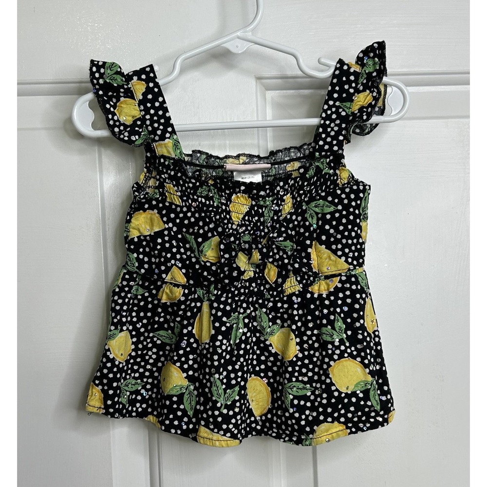 Little Lass Lemon Tank Top Girls 12 Months Black Yellow Ruffle Smocked Polka Dot